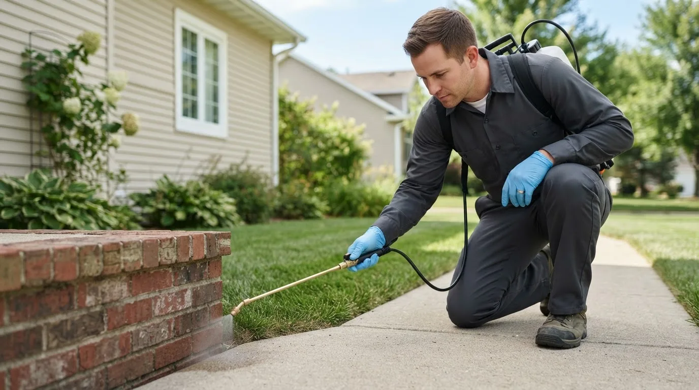 Pest control technician treating a home near Roland, IA