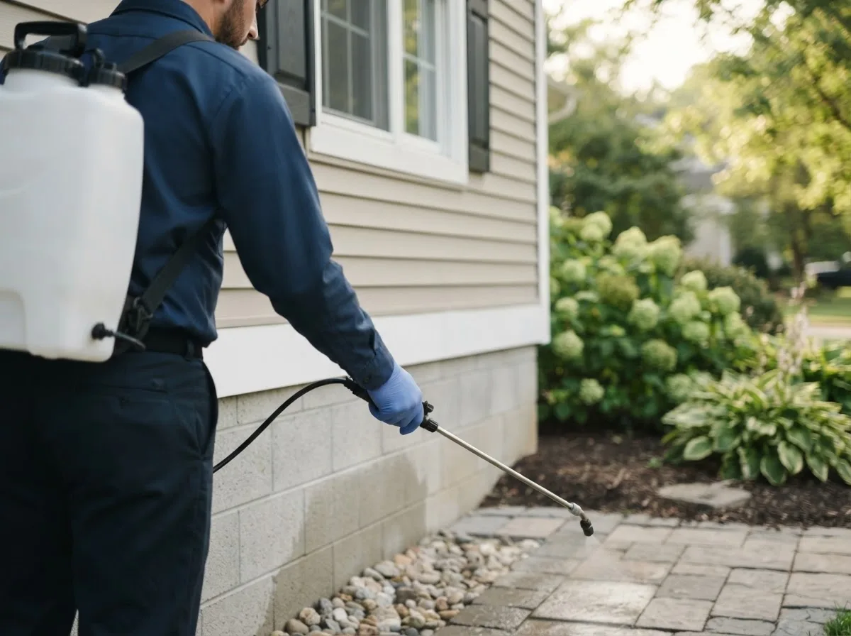 Pest control technician inspecting a home in Roland, IA